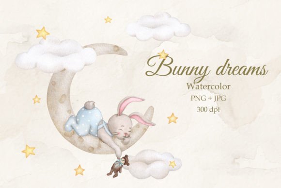 Download Baby Bunny on the Moon. Boy. Watercolor. - Baby bunny Collection