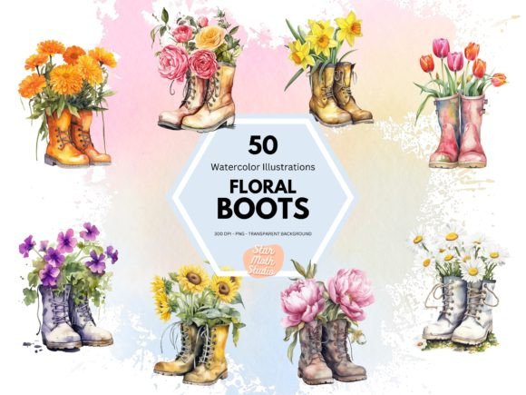 Download Watercolor Clipart - Floral Garden Boots - Garden boots Collection